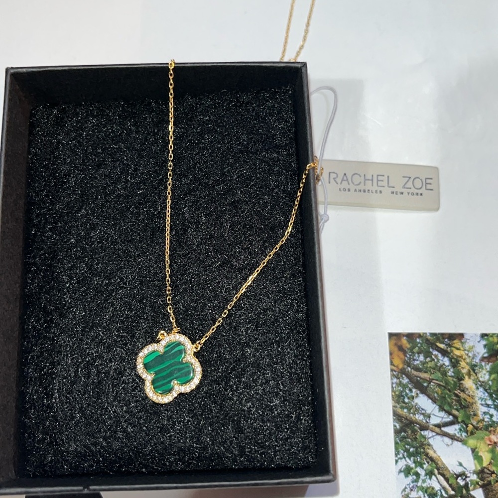 Rachel Zoe Green Malachite & Pave Clover 18K Gold / Sterling Silver Ne…